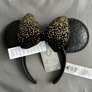 Disney World 50th Anniversary Luxe Minnie Ears Headband Black Gold Faux Leather